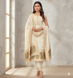 Ivory Beige Traditional Outfit with Gold Motifs and Floral Border