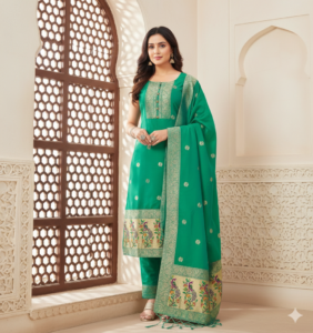 Deep Green Traditional Outfit with Gold Motifs and Peacock Border