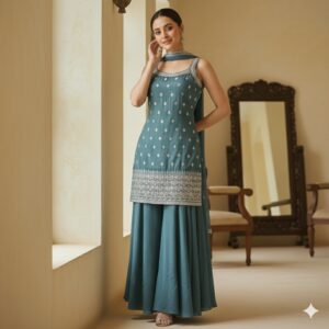 Burnt Orange Striped Traditional Outfit with Embellished Detailing