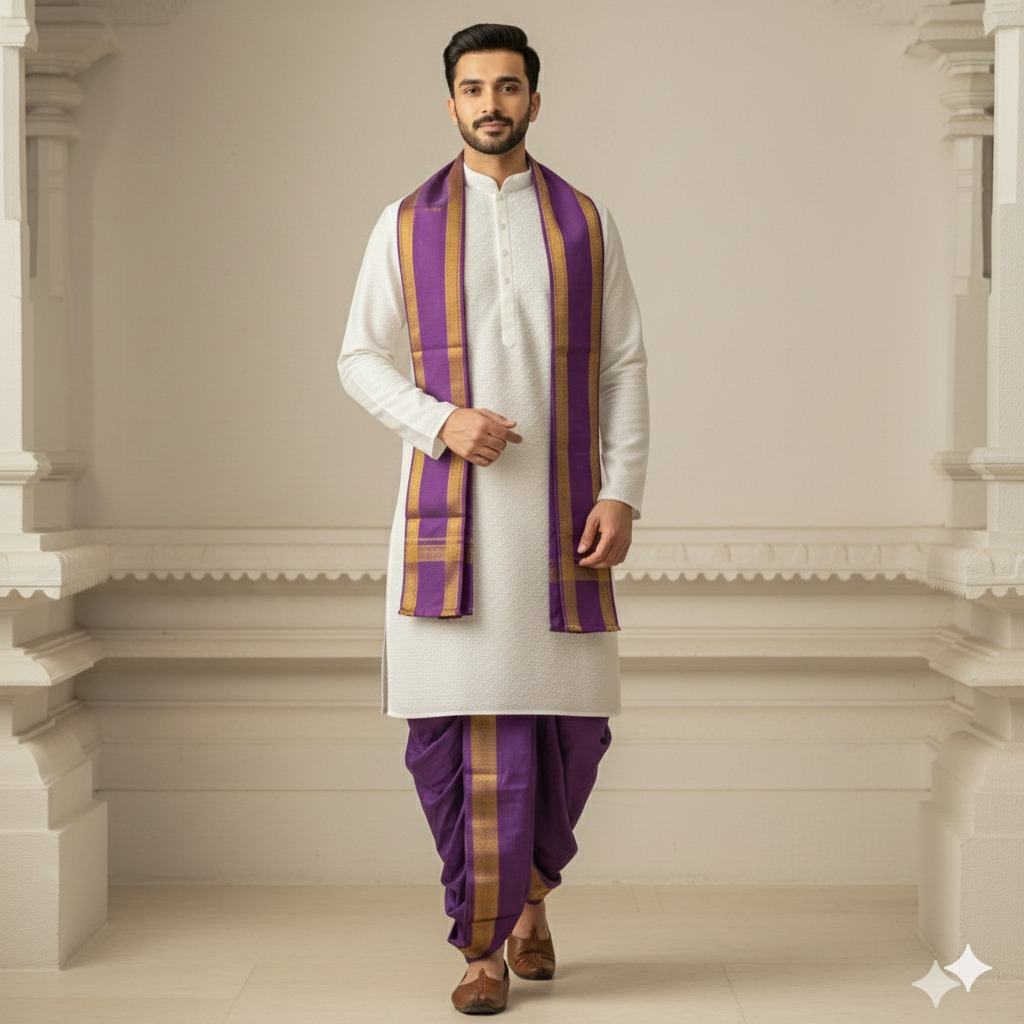 Ivory and Royal Purple Traditional Outfit with Gold Accents